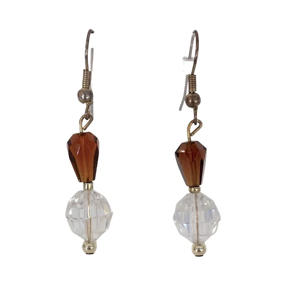 Vintage Amber and Clear Crystal Bead Dangle Earrings